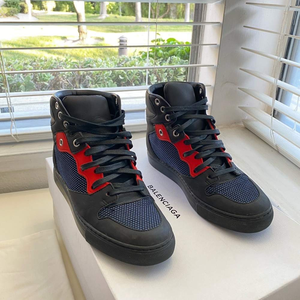 Authentic BALENCIAGA Women Sneakers mid top leather black mesh blue Size 5.5(36) - Picture 2 of 14